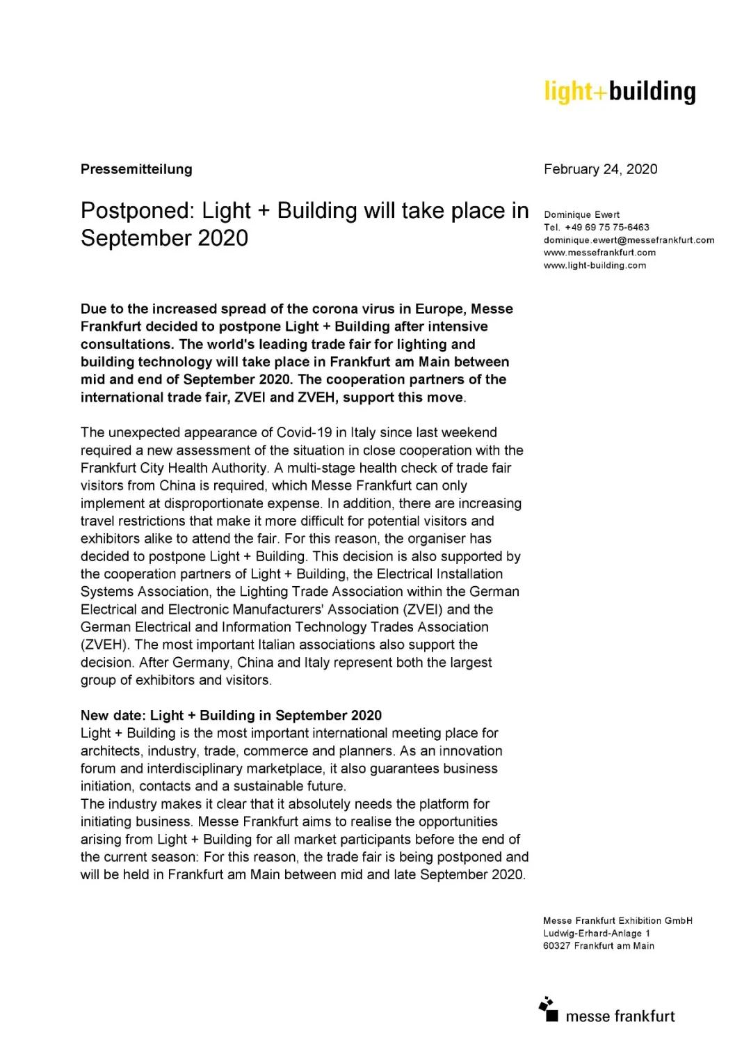 延期通知：2020法兰克福照明+建筑展将延期至9月举行